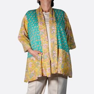 World Market 100% Cotton Kimono Robe Yellow Teal Floral Cardigan Plus 1X XL 2X